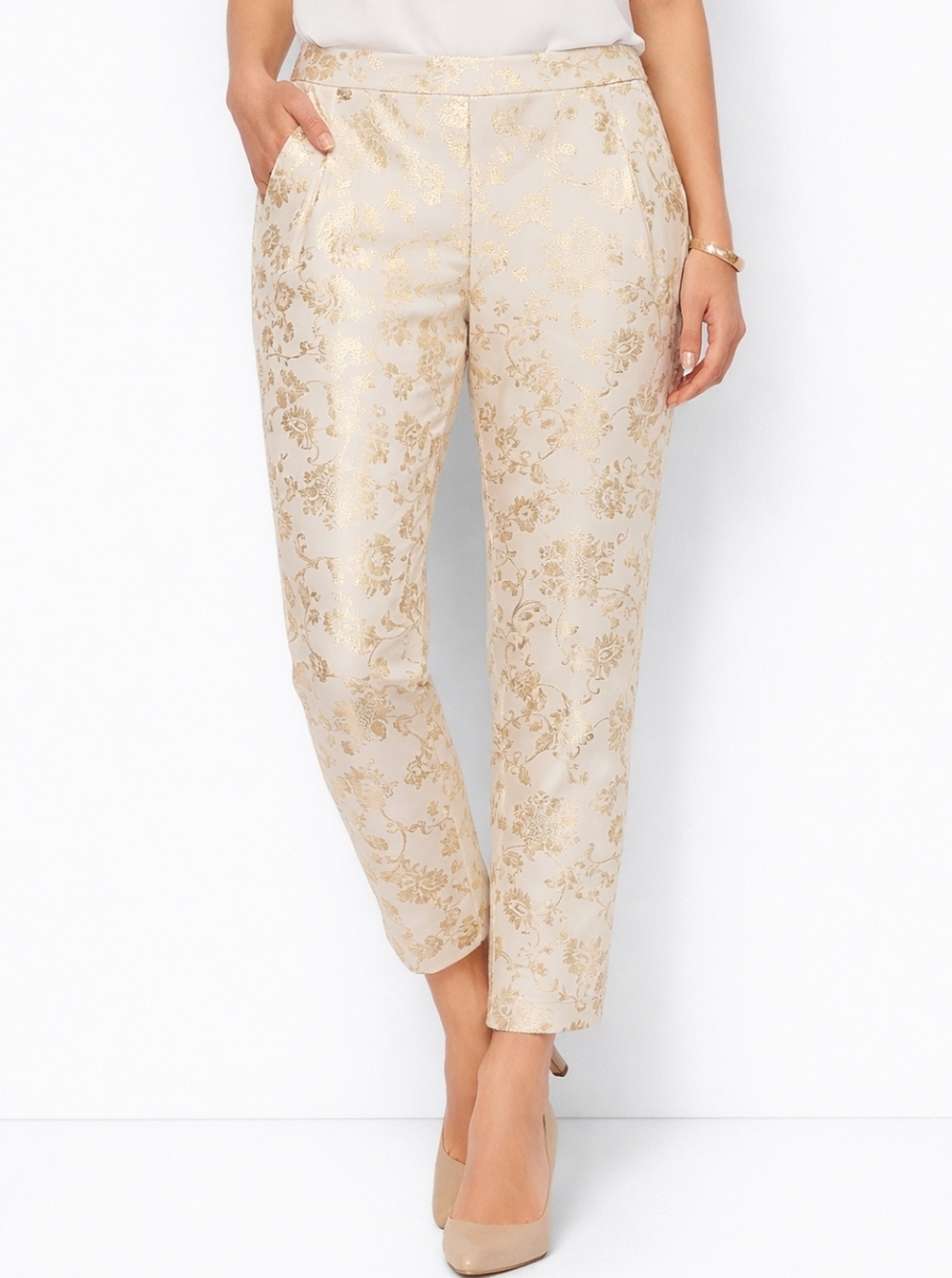 Chico’s Gold Foil Floral Pull-On Ankle Pants | Dressy Holiday